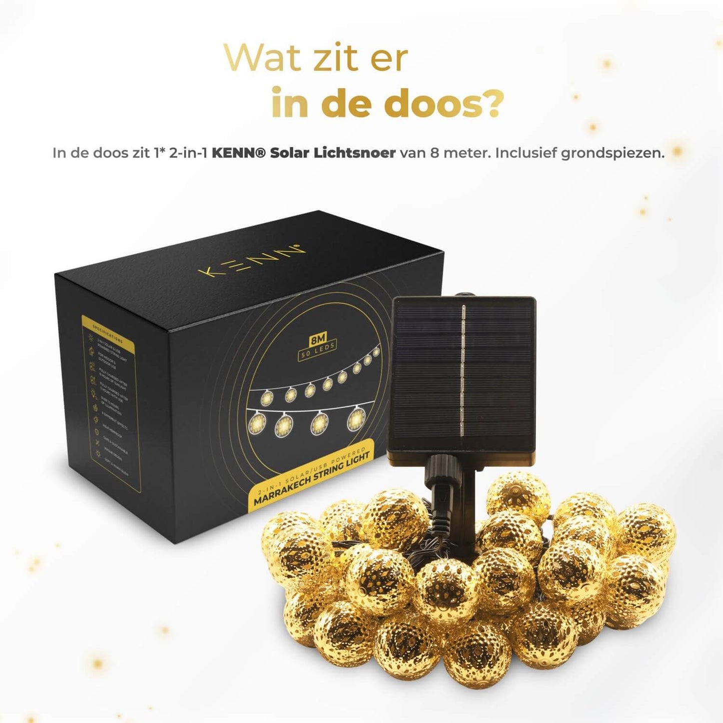 KENN® Marrakech Lichtsnoer – 8 Meter – Goud – Solar & USB