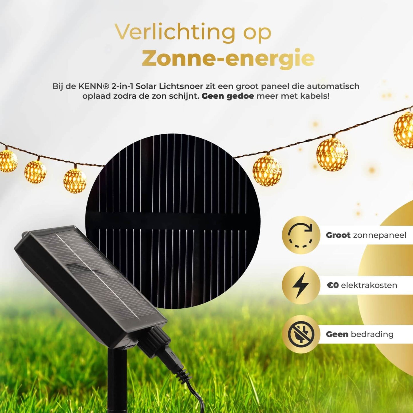 KENN® Marrakech Lichtsnoer – 8 Meter – Goud – Solar & USB